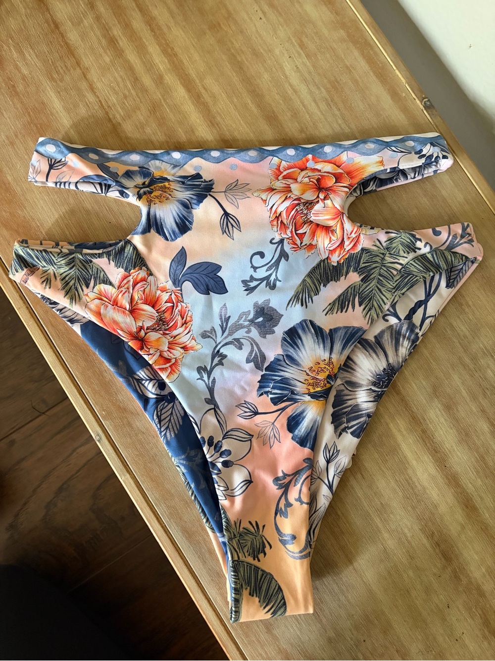 Agua Bendita Peach & Navy Floral Cutout Bikini Bottom
